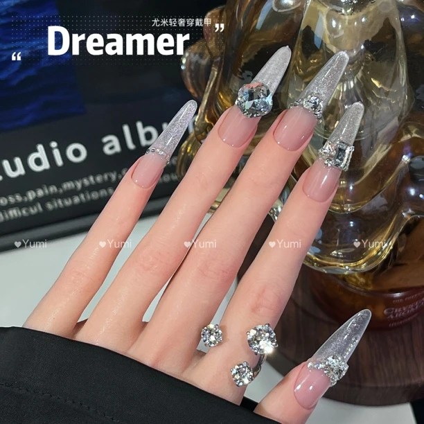 【迷雾碎冰冰】纯手工显白渐变玻璃珠猫眼精品K9钻长款穿戴甲