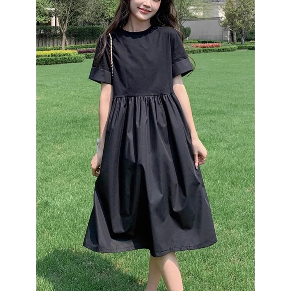韩系简约高级感休闲黑色连衣裙女夏设计感宽松减龄气质百搭中长裙