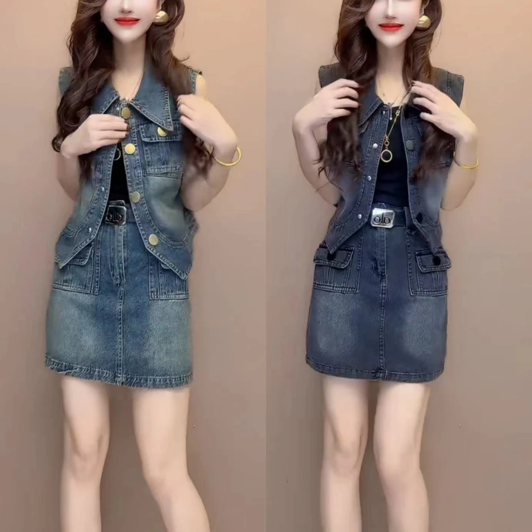 减龄气质洋气牛仔裙复古时尚套装田园风短裤轻熟风1329