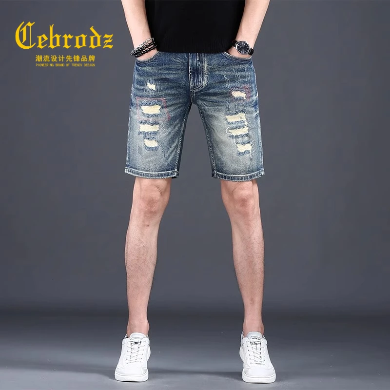 Cebrodz高端破洞牛仔短裤男士五分裤2025夏季新款潮牌复古弹力修
