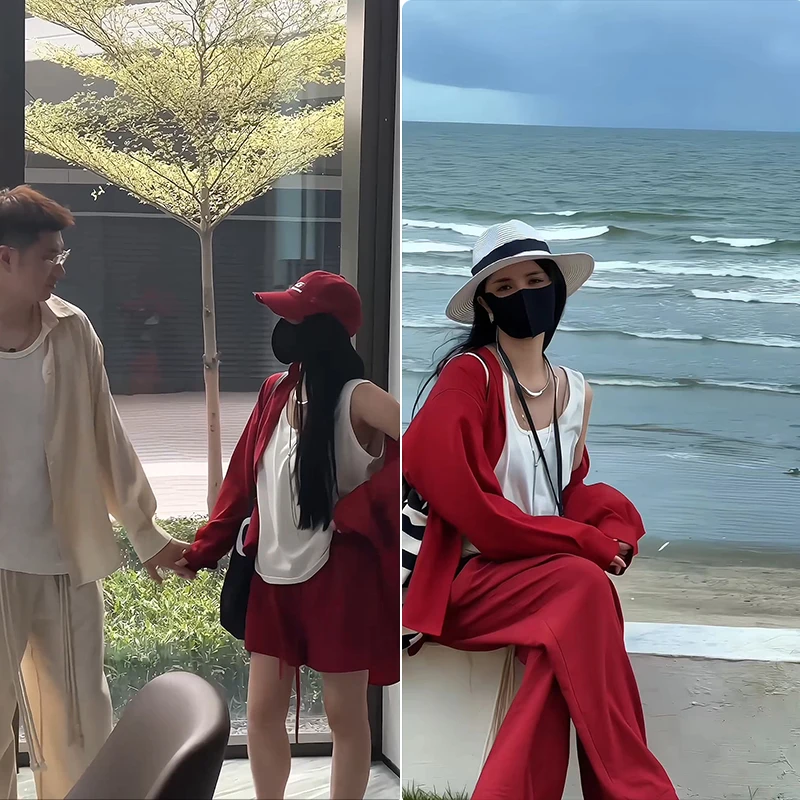 【安利好物】韩版时尚百搭长袖薄款衬衫高级感红色衬衣套装 W3213