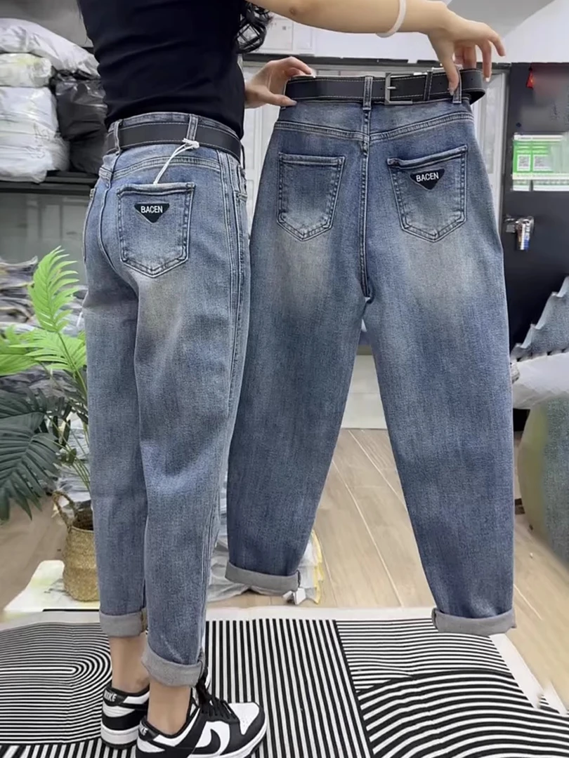 大码女装高腰显瘦老爹牛仔裤子2025夏季新款百搭复古直筒哈伦裤女