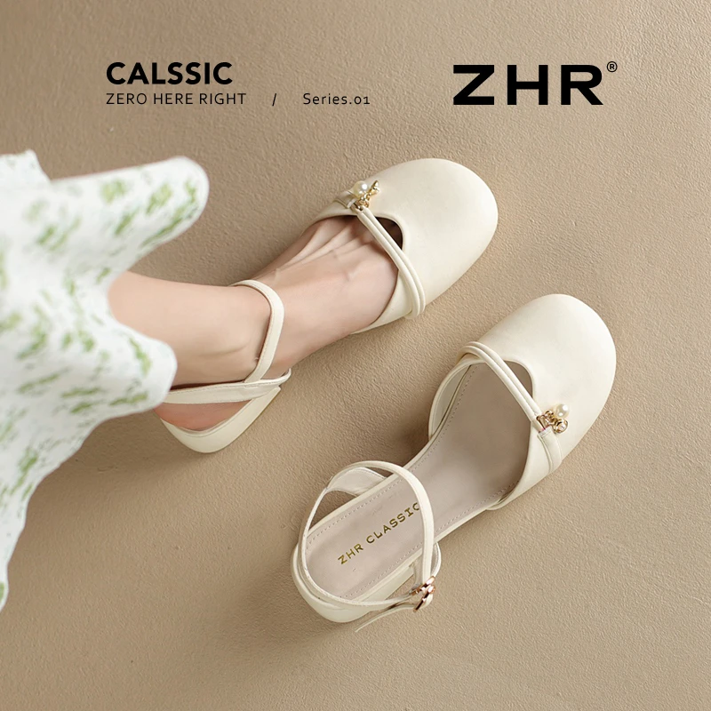 ZHR/则则包头凉鞋女珍珠单鞋2025夏季新款法式粗跟一字带玛丽珍鞋