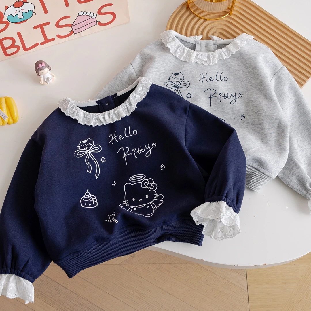 韩系女童秋季装可爱卡通卫衣2025新品洋气儿童蕾丝花边领印花上衣