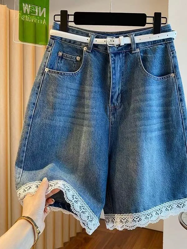 8023蕾丝花边五分牛仔裤女夏季2025新款宽松显瘦阔腿短裤