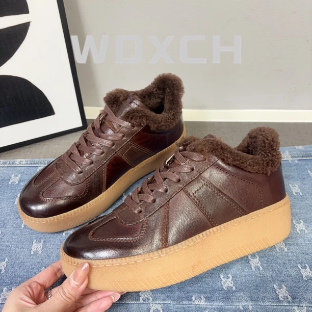 复古马皮加厚保暖厚底德训鞋2025冬季增高5cm百搭低帮运动鞋板鞋