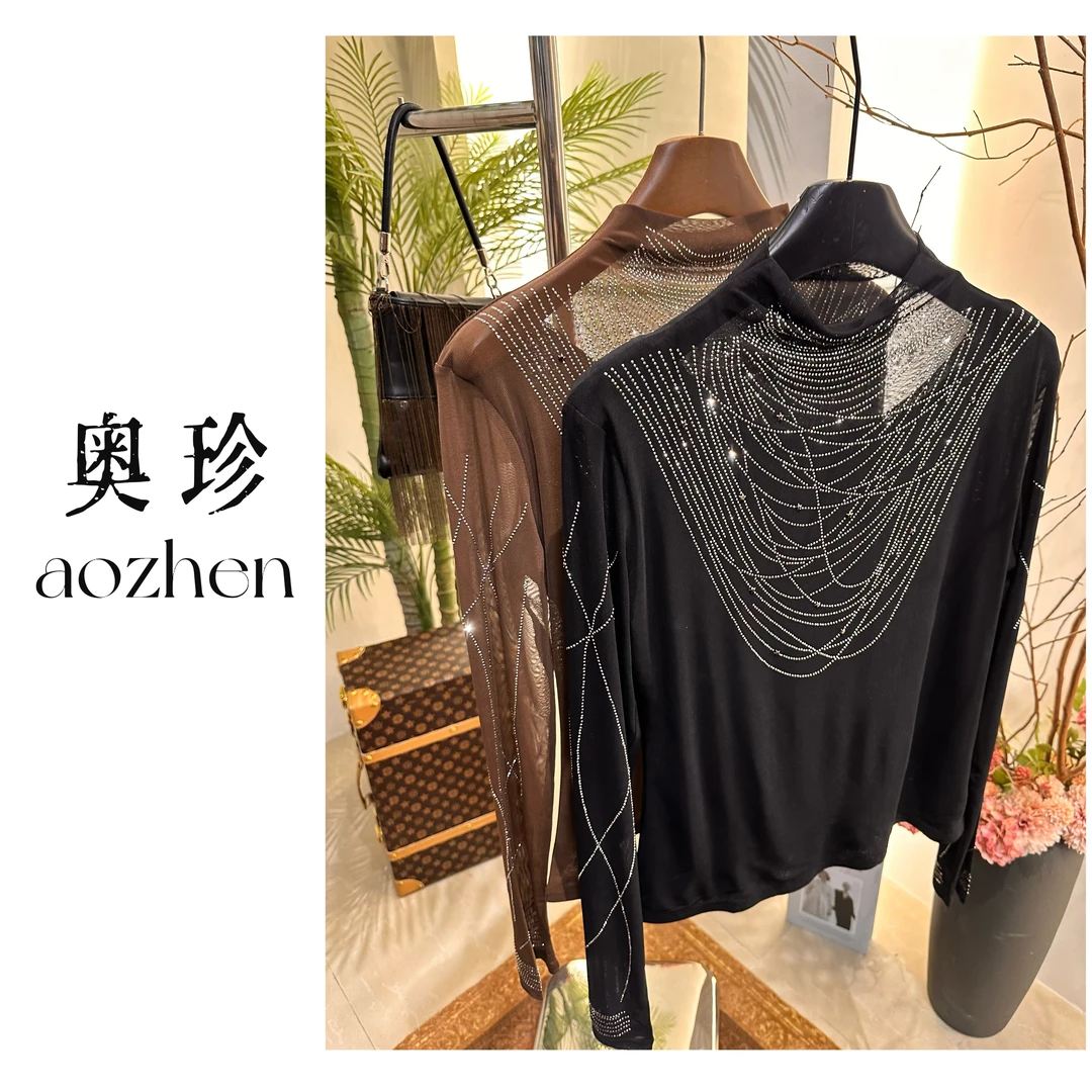 YI NUO【漫天星光】半高领烫钻弹力网纱轻奢洋气亮闪闪打底衫