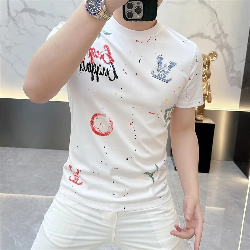 2025欧货轻奢男士针织冰丝短袖T恤印花时尚百搭夏季半袖上衣潮029