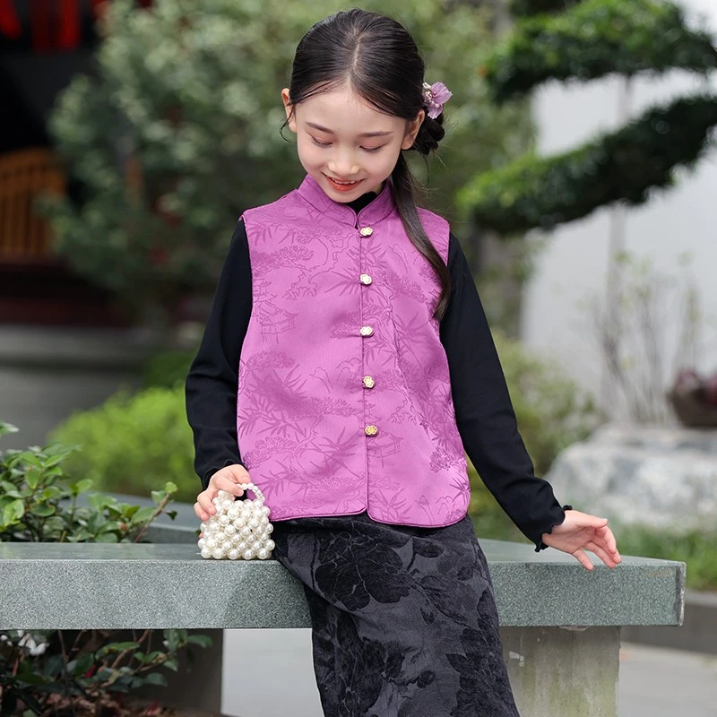 新款秋季儿童新中式双面穿马甲亲子男女童中国风背心复古气质童装