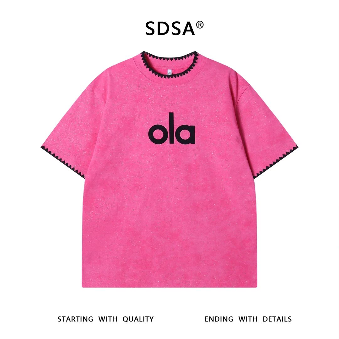 夏季高级感新款韩系满天星印花字母圆领短袖T恤撞色缝线设计上衣