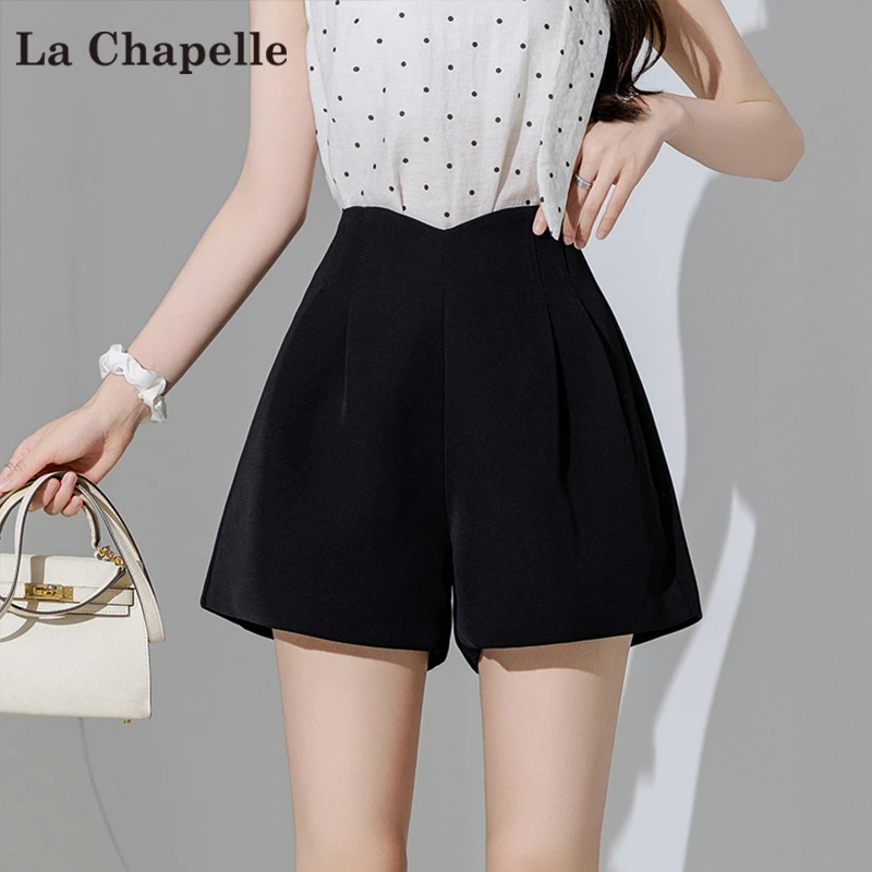 拉夏贝尔西装短裤女2025新款夏季高腰小个子压褶黑色阔腿休闲裤女
