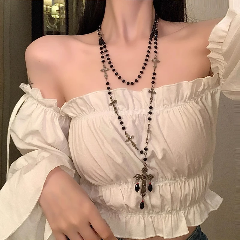 铜合金合成锆石项链 叠戴黑色串珠十字架项链女长款夸张锁骨链