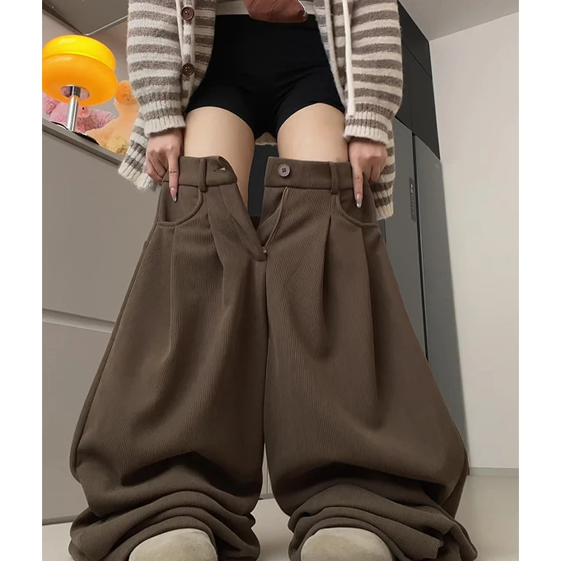 咖色新款韩系灯芯绒西装裤女秋季高腰显瘦垂感休闲百搭直筒阔腿裤