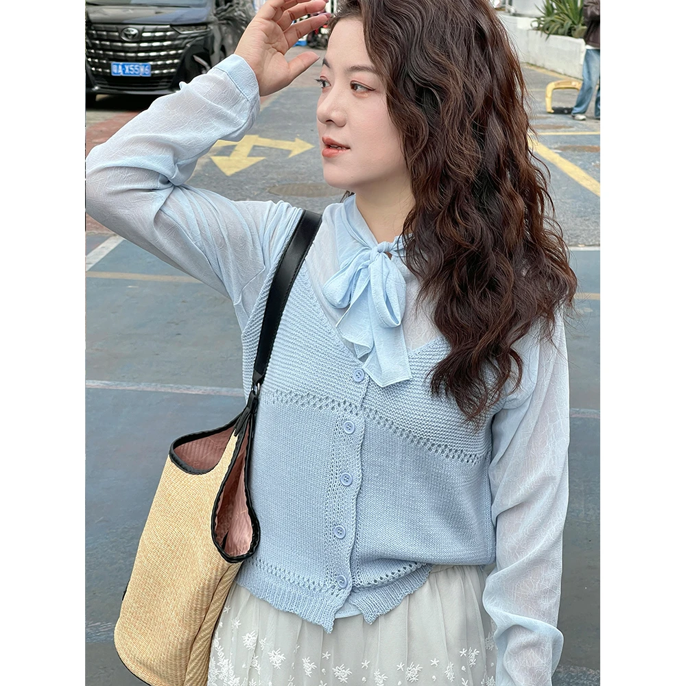WenWen小个子2025春新款韩版系带衬衫上衣+针织吊带两件套2484版
