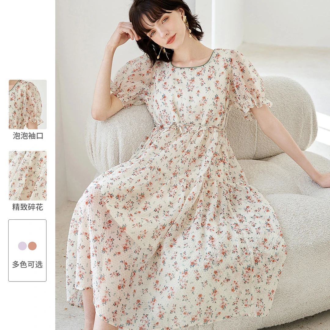 【粉丝专享】夏款裙子中长款泡泡袖碎花裙子收腰显瘦短袖连衣裙女