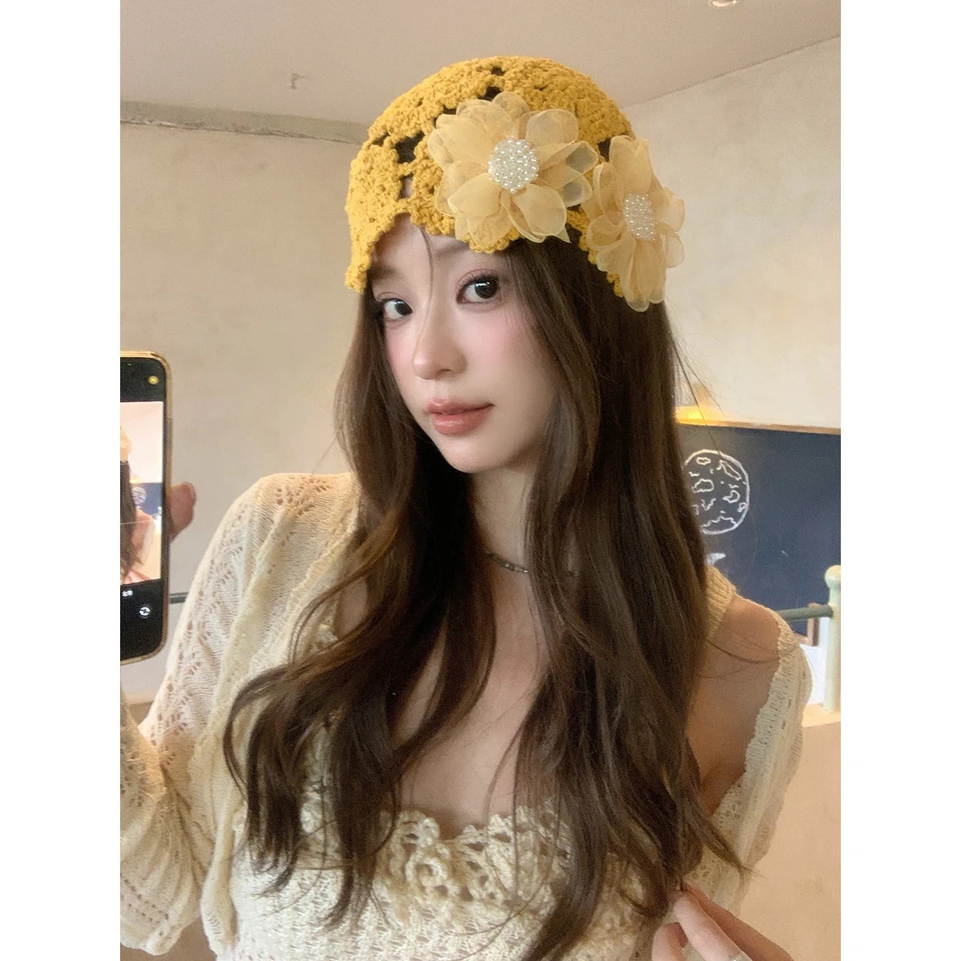 手工钩织蕾丝花朵镂空套头帽女夏季薄款针织帽甜美复古时尚包头帽