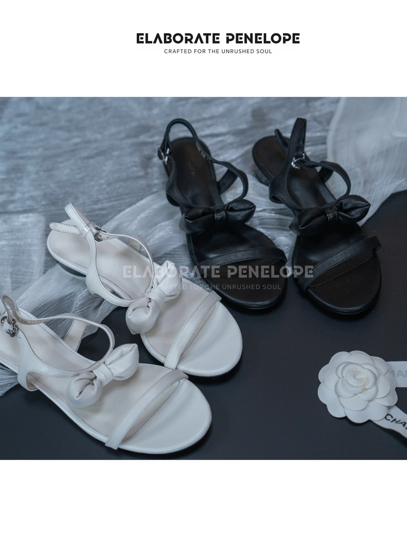 E/P‘STUDIO-3CM小香风蝴蝶结一字带露趾凉鞋女粗跟百搭时尚凉鞋