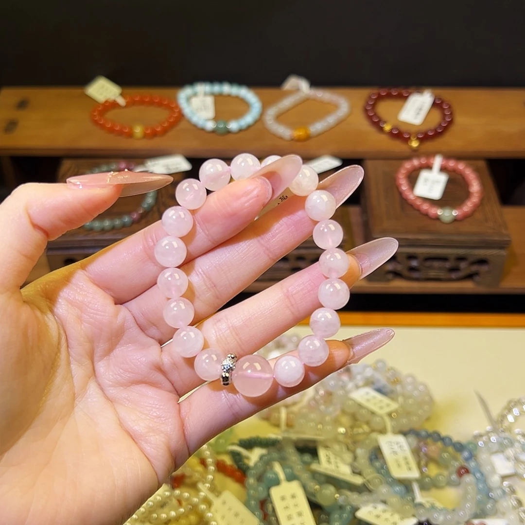 水晶手链银S925镶嵌粉水9咪