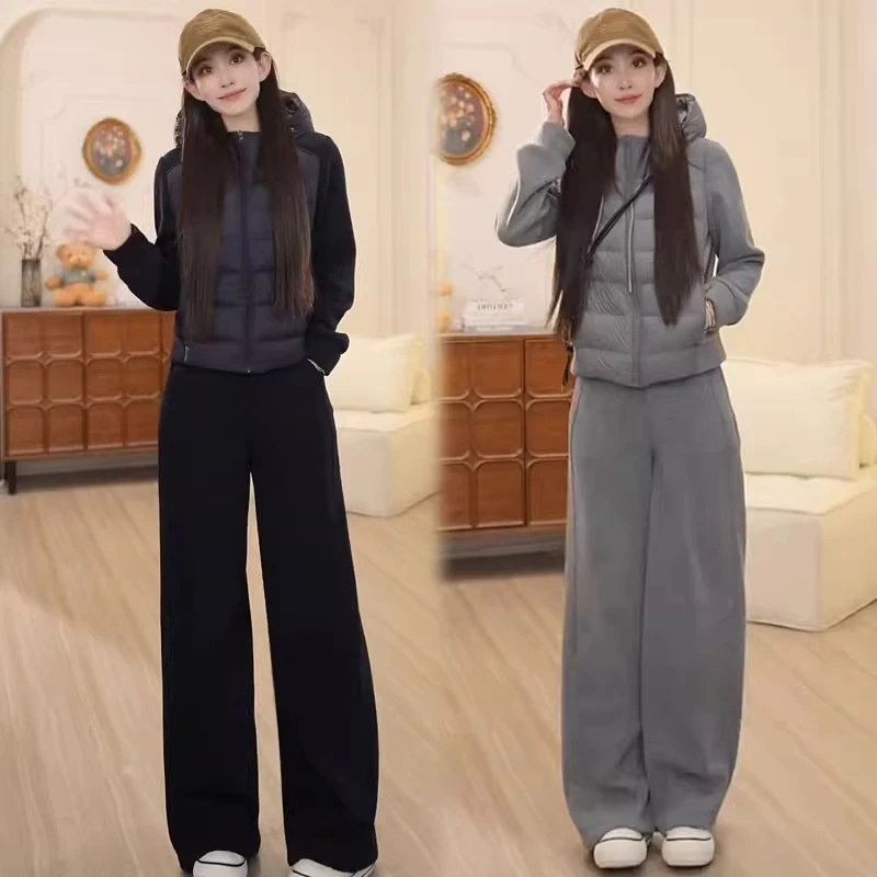 2025秋冬新款连帽拼接外套休闲长裤连帽棉衣外套加绒阔腿裤两件