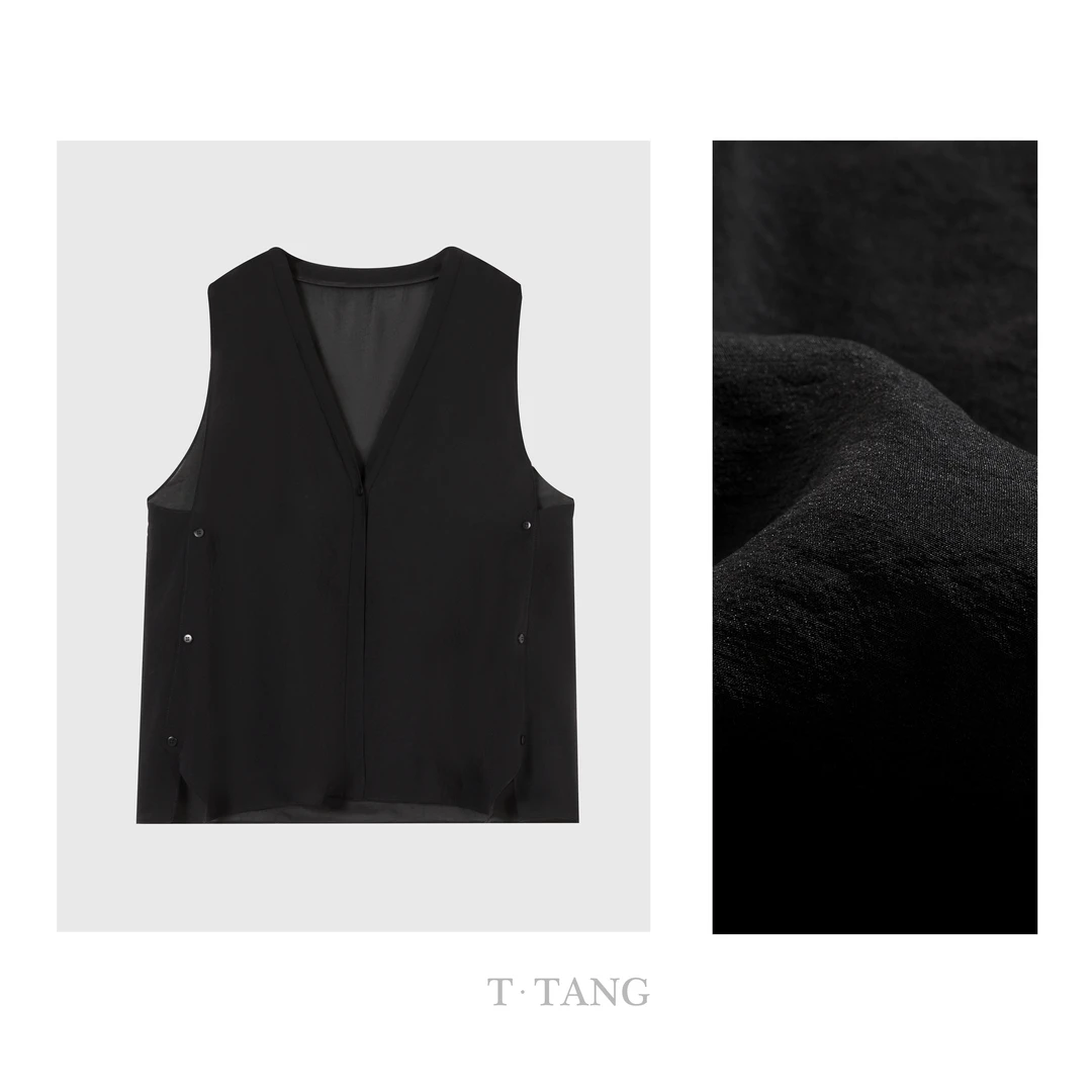 2025年新款90g丝光平纹薄纱休闲百搭黑色宽松简约马甲【6960】FF