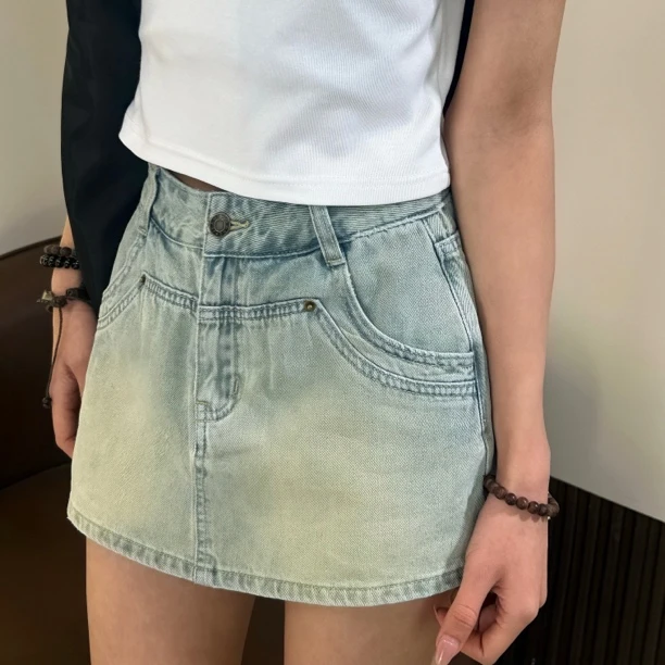 中高腰牛仔裤裙裤ins女复古牛仔夏季高腰设计师款辣妹风百搭