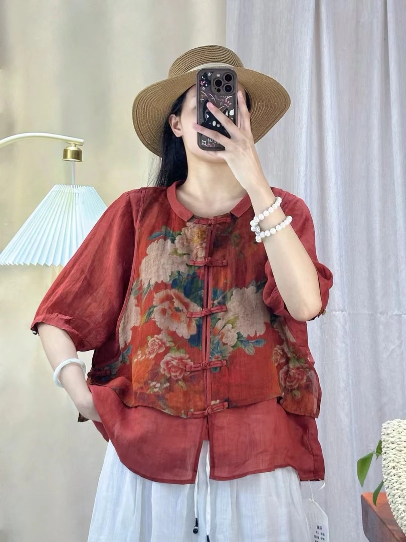 2025~8031夏季新款中式文艺复古苎麻休闲印花显瘦假两件短袖