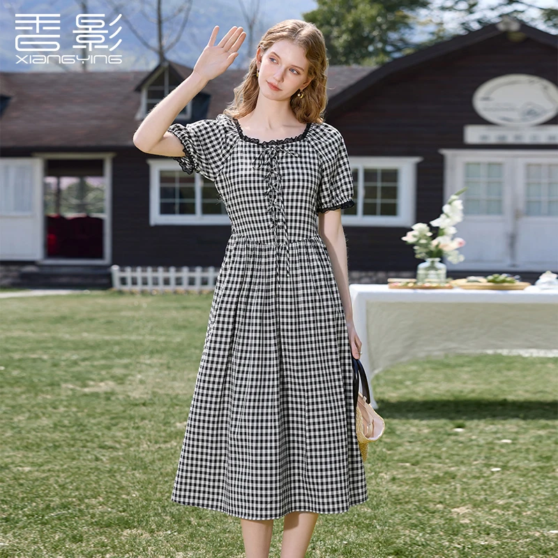 【直播专享】L85S418连衣裙 香影撞色格纹方领连衣裙女夏季新款