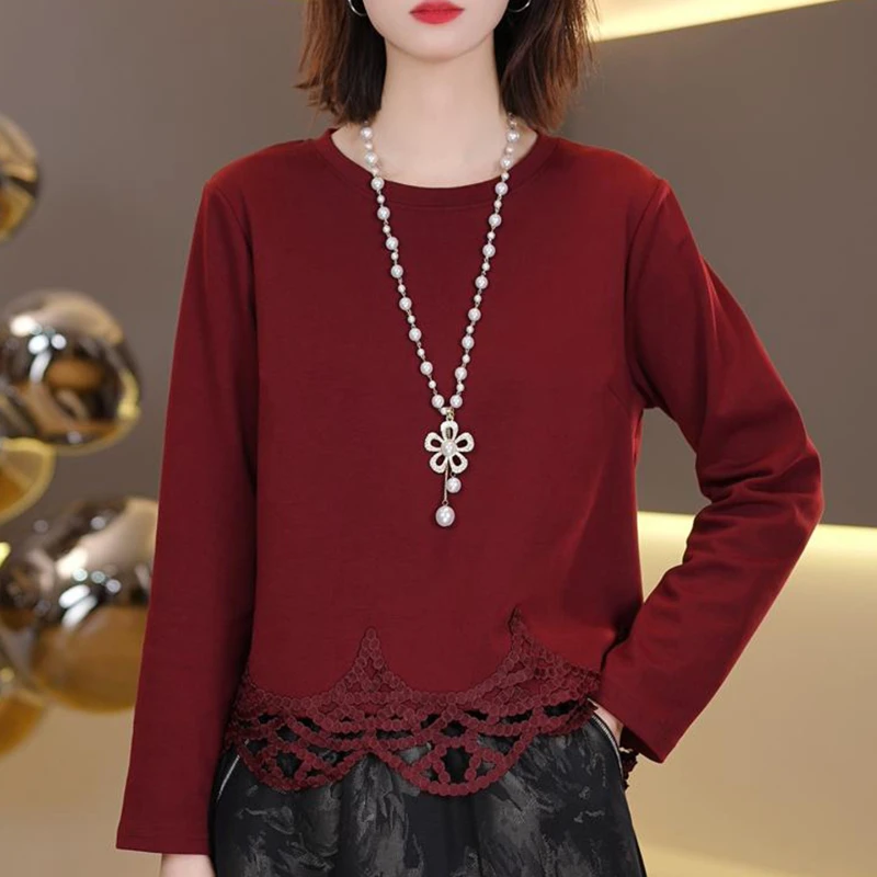 春秋新款设计感蕾丝拼接长袖T恤女气质简约圆领百搭显瘦洋气上衣