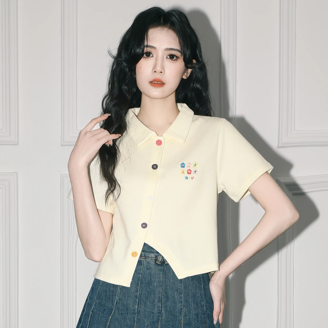 杏色不规则短袖T恤女夏季2025春新款设计感POLO领体恤别致短上衣