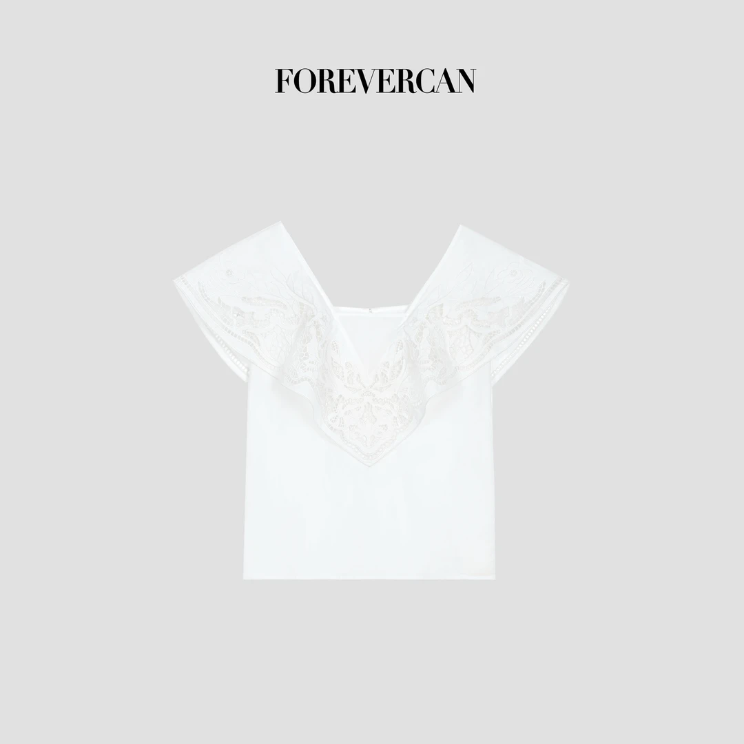 FOREVERCAN“塞纳花房”万针镂空雕孔刺绣拼接V领短袖衬衫ST23046