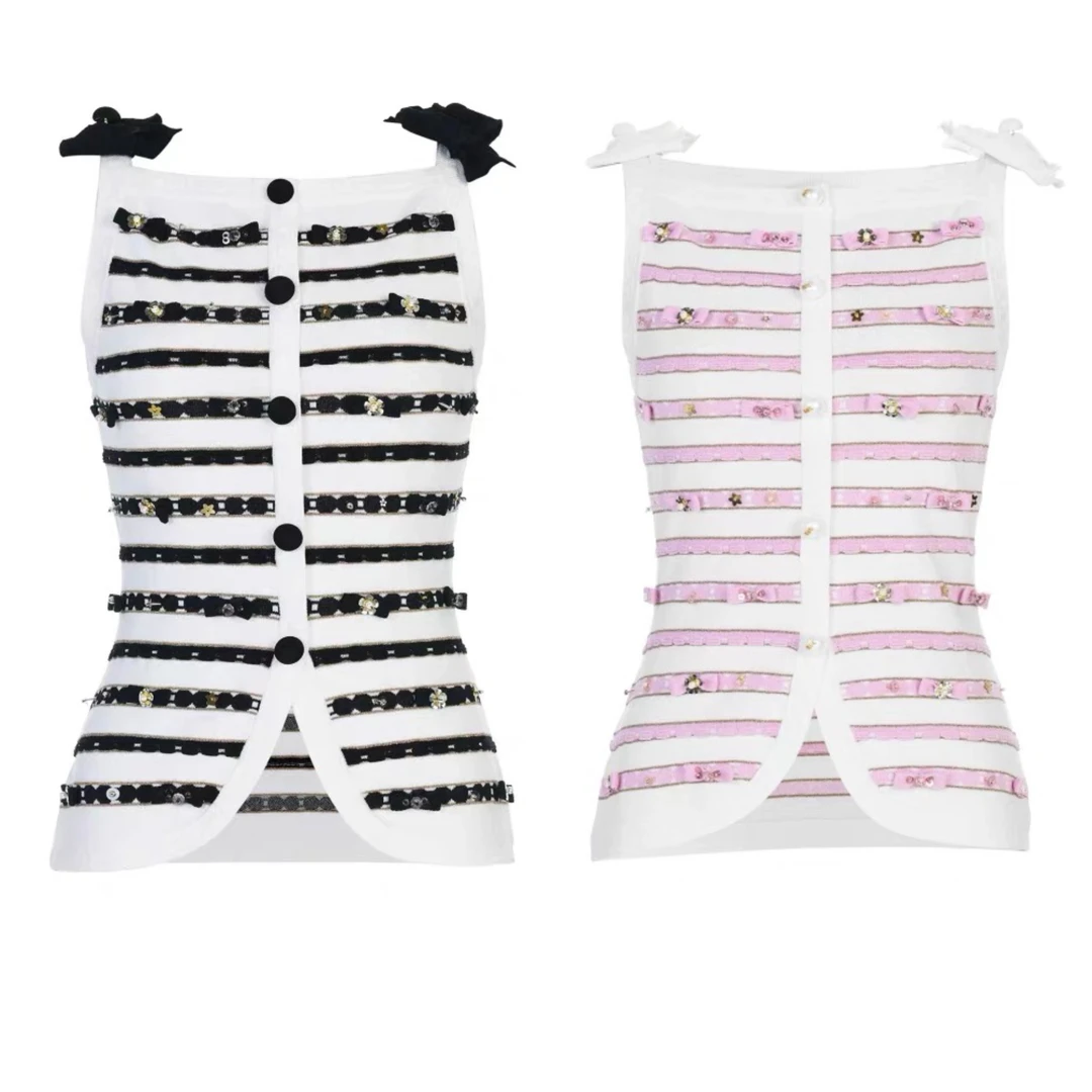 木子店针织黑白条纹粉色条纹吊带背心