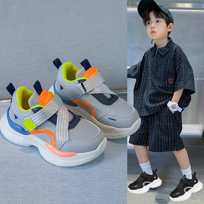 2025春季新款运动鞋飞织网面男童女童双网跑步鞋透气防滑底魔术贴