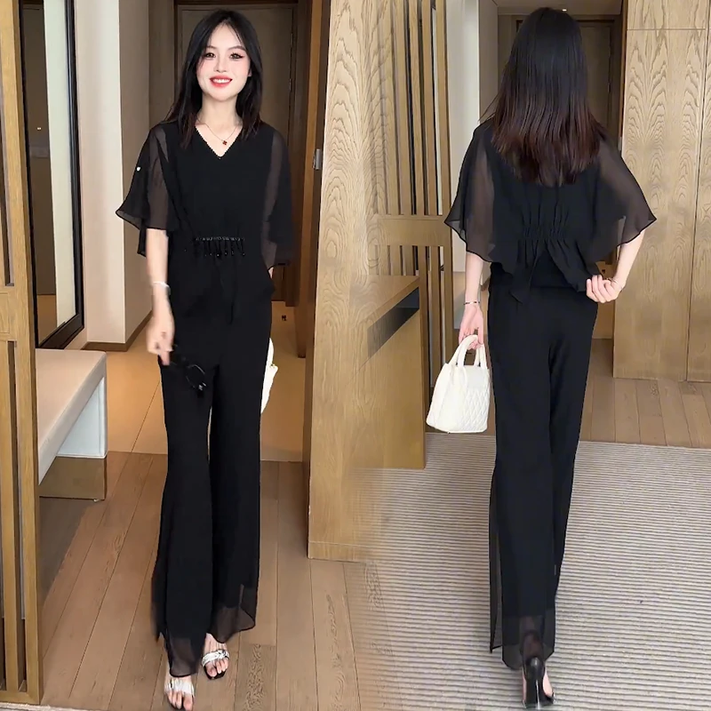 雪纺时尚套装女2025夏季新款洋气显瘦遮肉短袖上衣阔腿裤两件套潮
