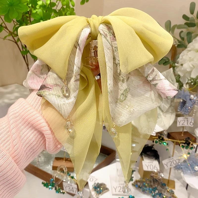 韩版印花蝴蝶结马尾扣2025新款扎马尾飘带发抓甜美顶夹半扎发