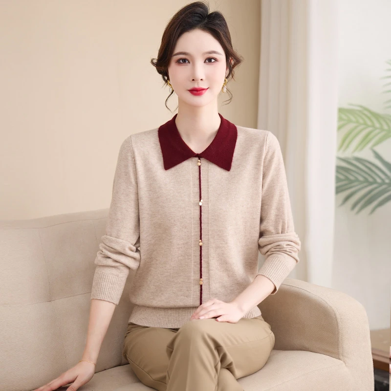 妈妈装春秋季翻领宽松小衫上衣中老年女士春装针织衫洋气长袖T恤