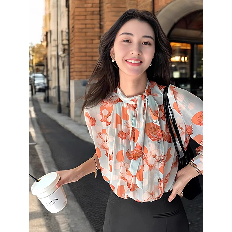 Basic House/百家好韩系碎花长袖衬衫女2025早秋新品立领飘带小衫