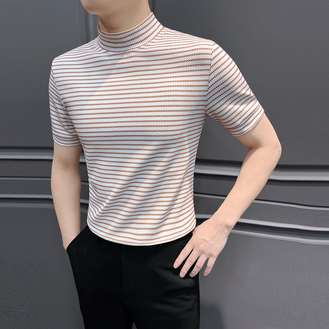 条纹t恤短袖男款爆款2025新款痞帅男装网红潮款半高领男士打底衫