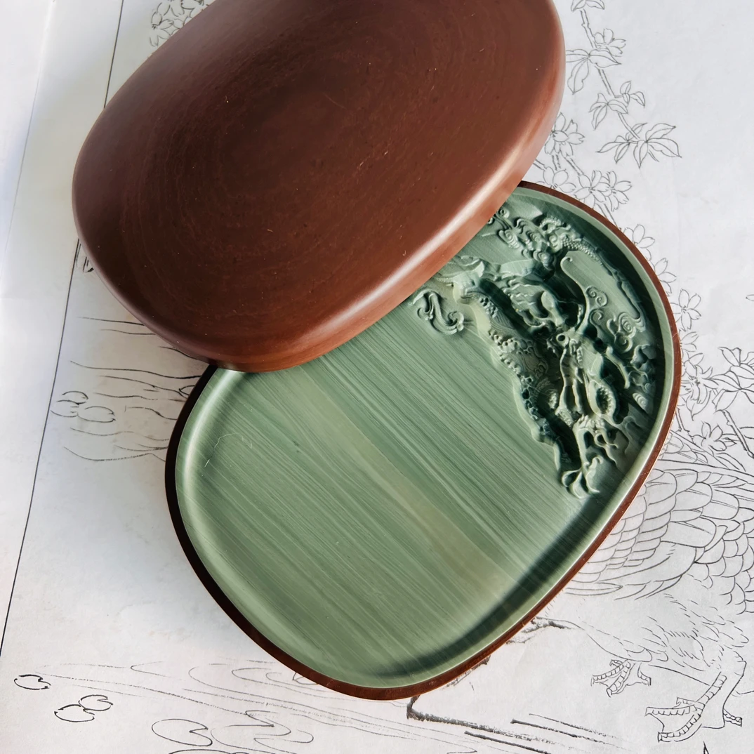 松花石砚台天然老坑原石雕刻文房四宝实用砚台下发墨盒好用的石盒