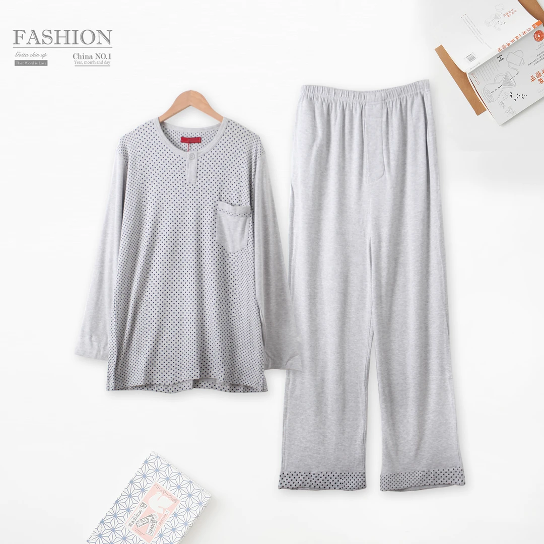 KK389 春季男士波点家居服套装长袖长裤宽松显瘦宽松舒适