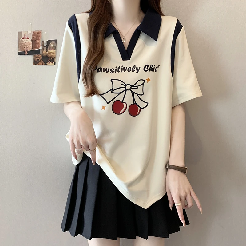 大码正肩美式辣妹樱桃印花Polo衫t恤女夏季微胖妹妹显瘦短袖上衣