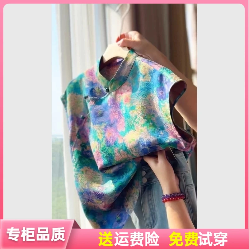 2025新款夏日漂亮今年流行爆款新中式国风盘扣立领花色T恤上衣