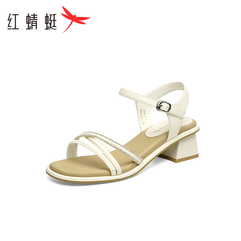 红蜻蜓粗跟凉鞋女2025夏季新款女鞋外穿法式一字气质白色高跟凉鞋