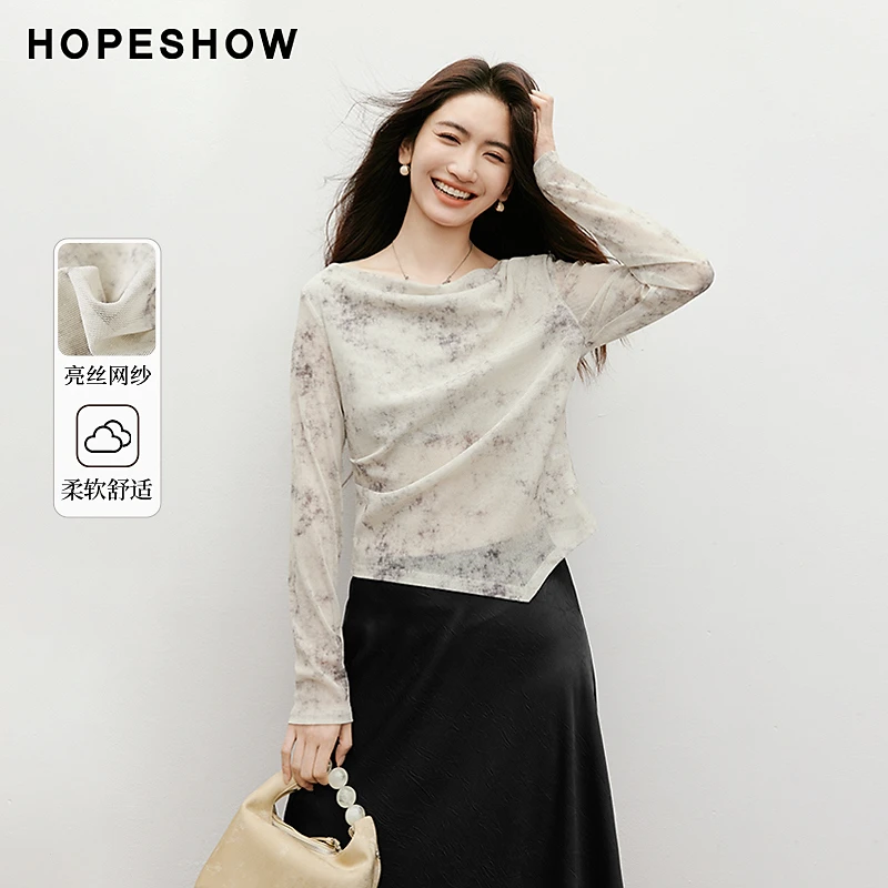 红袖2025秋季新款女装 【烟雨水墨】荡领套头网纱上衣90225090205