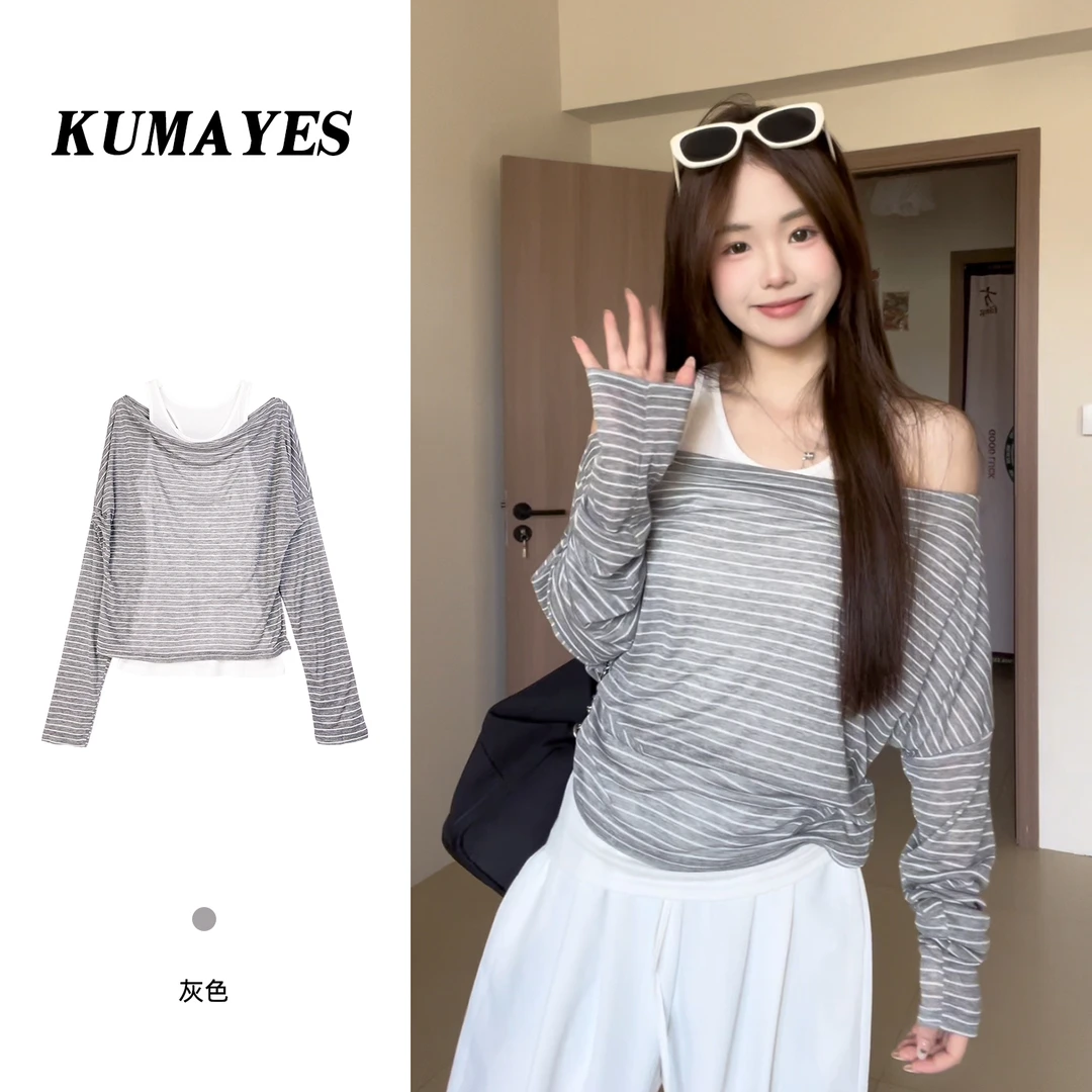 KUMAYES韩系斜领露肩长袖条纹T恤夏季宽松休闲百搭上衣女真两件套