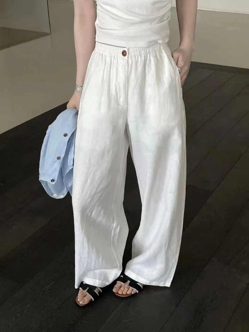 【波波家】夏季新款一颗扣亚麻阔腿裤【打皱严重，介意慎拍】