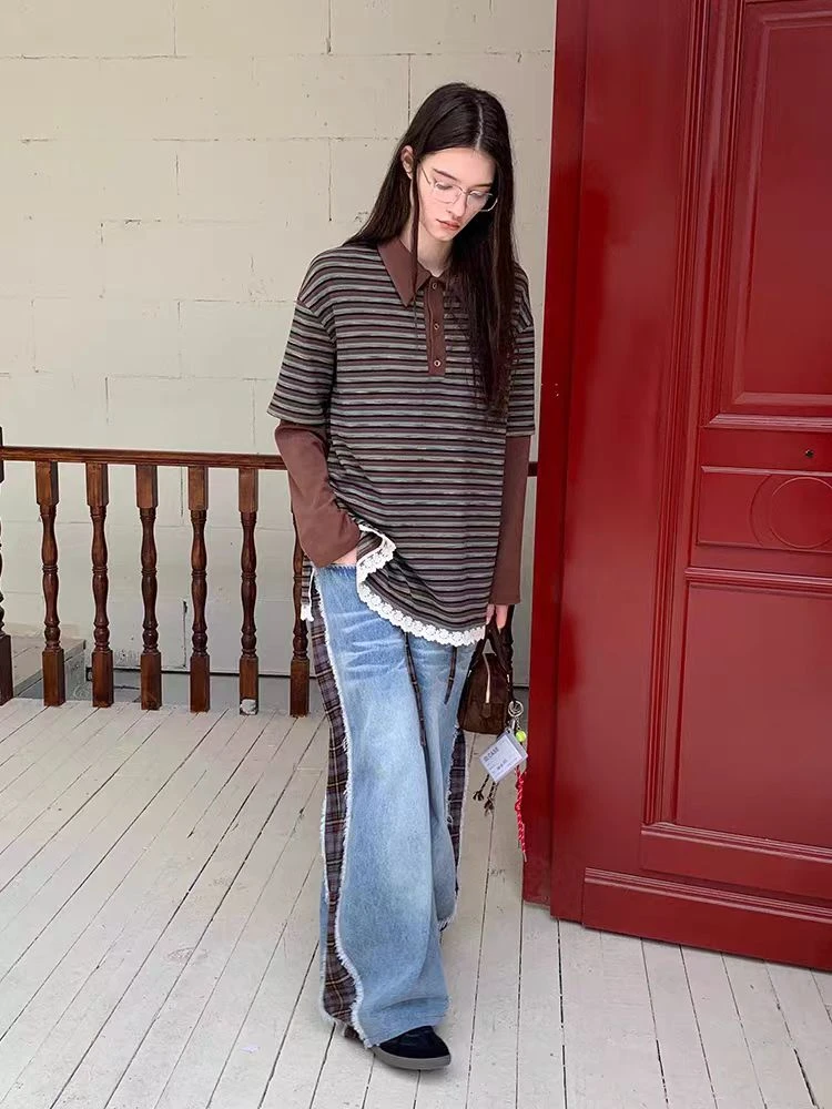 【格格专属】AndAnything假两件条纹蕾丝宽松polo衫