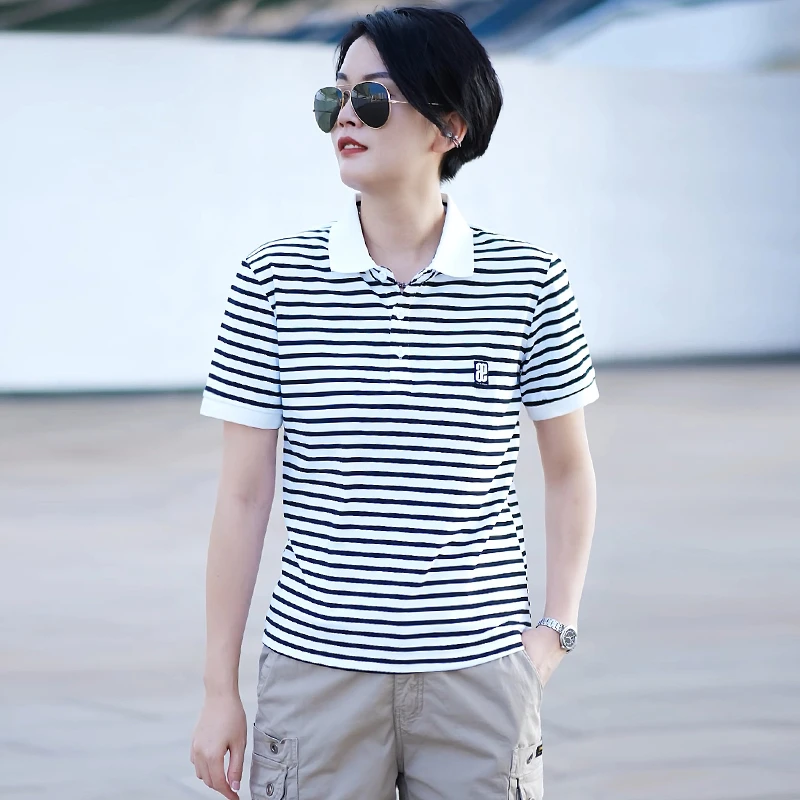 时尚百搭条纹polo潮流衫短袖t恤女2025韩版宽松休闲半袖翻领上衣
