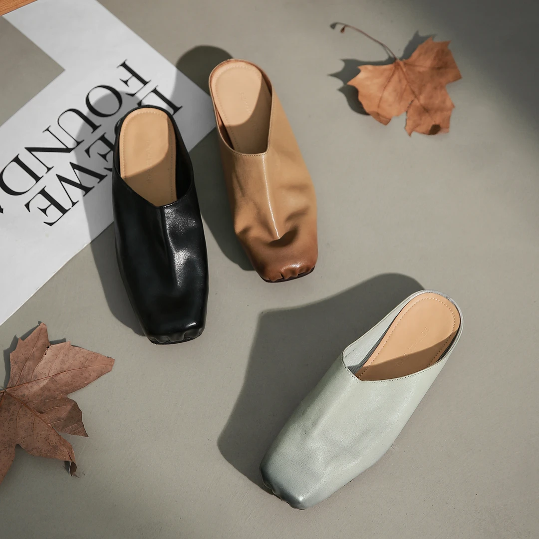 法式穆勒鞋女半拖2025新款夏季一脚蹬马皮包头低跟方头单鞋拖鞋