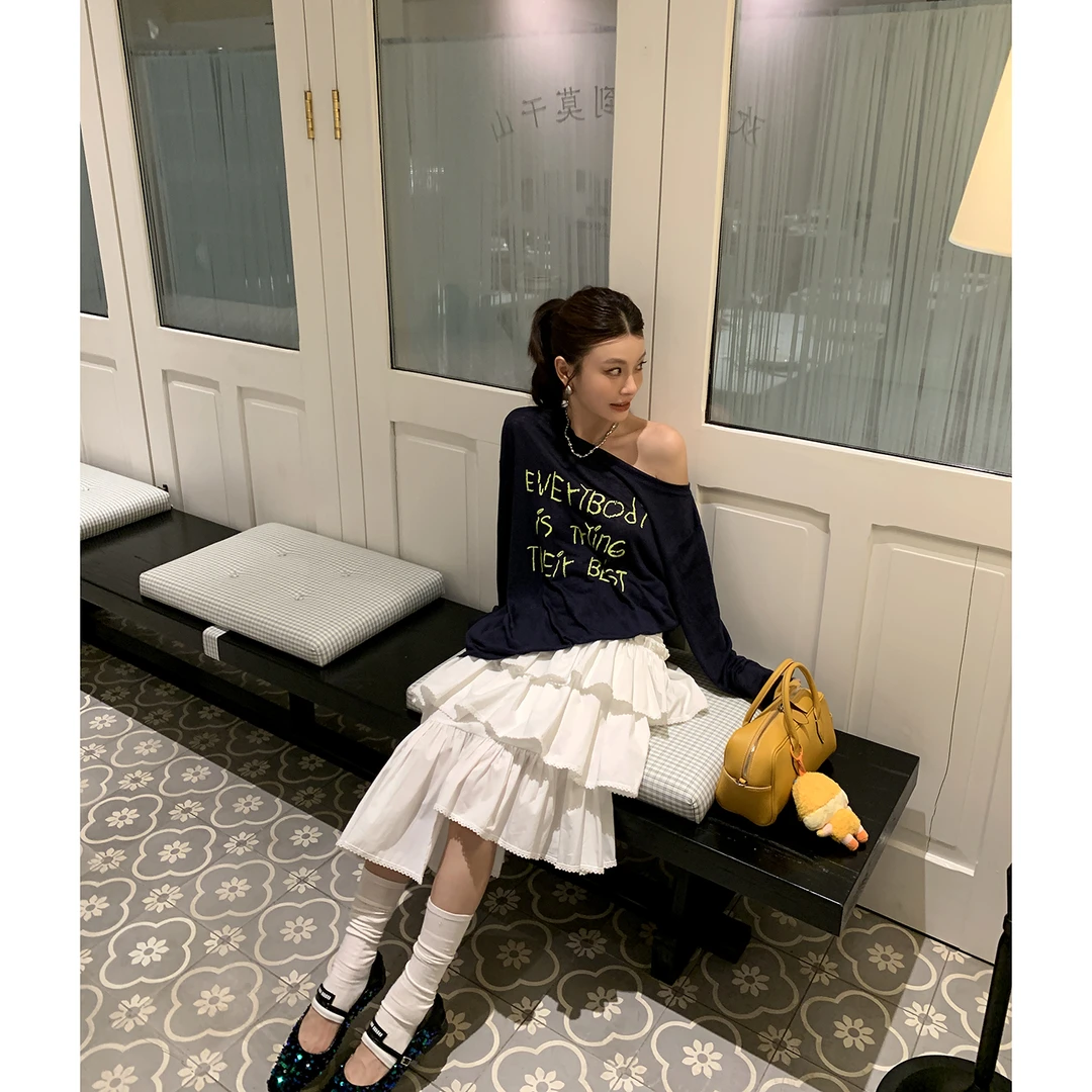 【蓝皇后】藏青色露肩长袖防晒衫T恤女4381