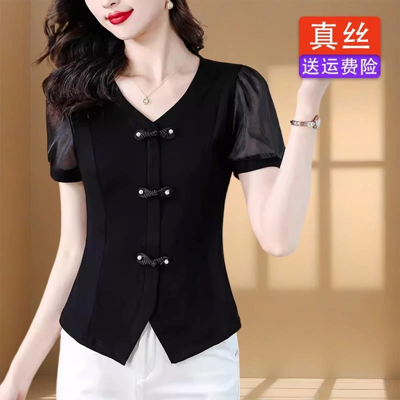 【品质欧货】杭州高端大牌真丝衬衫女士国风盘扣短袖小衫2025新款